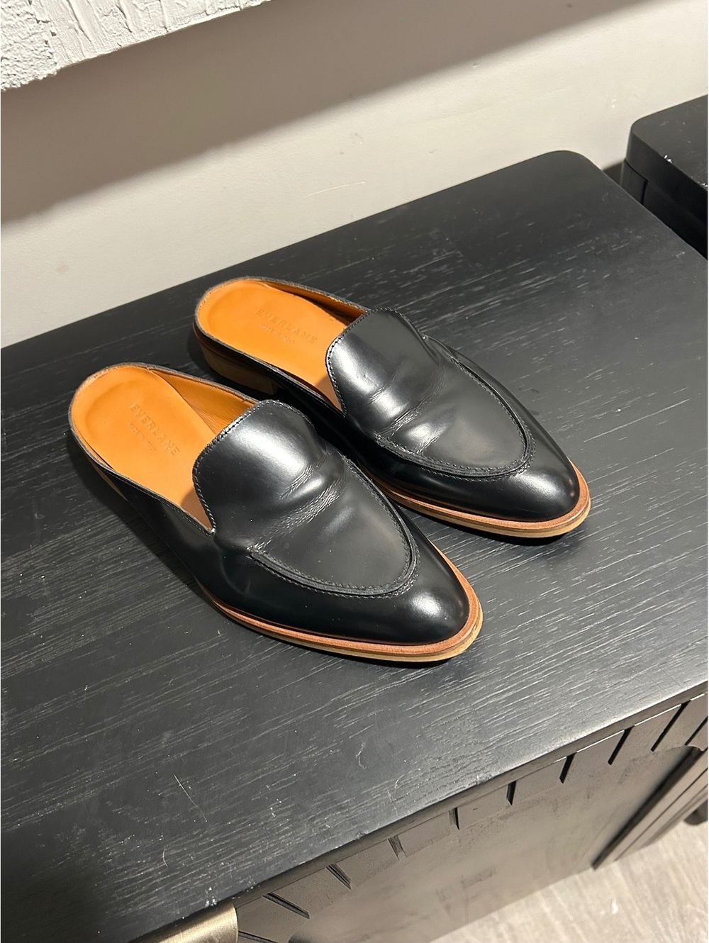 Everlane Modern Loafer Mule Black Polish Leather Slide Flat Italian Shoe 7.5